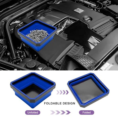 Collapsible Magnetic Parts Tray, 4.5" Square Silicone Metal Parts Organizer Double-Sided Magnet Bowl, Foldable Magnetic Tool Trays for Screws Bolts Nuts Washers Pins (Blue) - color: Blue