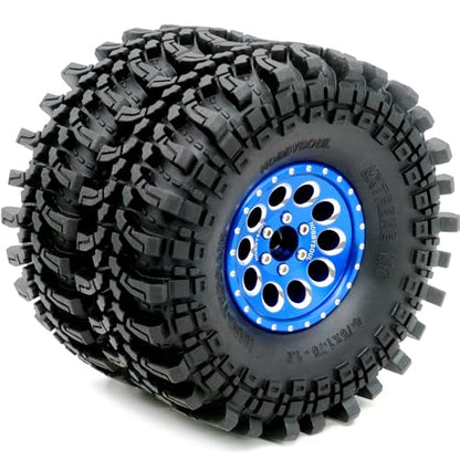 4pcs RC 1.9 Mud-Terrain Tires Mounted on 1.9 Beadlock Wheels Blue, 1.9 XL Tires 4.75" (121mm) and 1.9 Wheels Fit RC Crawler Redcat Gen8 Traxxas TRX-4 RC4WD D90 Tamiay CC01 Axial SCX10 - color: Blue