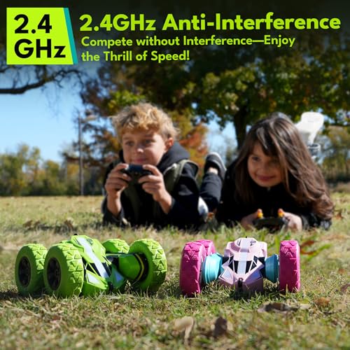 Threeking Pink Remote Control Cars RC Stunt Flip Car Crawler Toys Girls 6+ | Quick-Swap Modular Battery, Double-Sided Stunt RC Car, Durable, Auto Demo, Soft Lights – Gifts for Kids Ages 6-12 - color: Pink