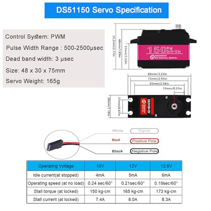 DS51150 150KG Digital RC Servo 12V High Volge Large Torque Full Metal Gear Steering Servo with 18T Servo Arm for 1:5 Scale Baja RC Car Crawler Buggy Trgguy Robot Truck Boat 270 Degree