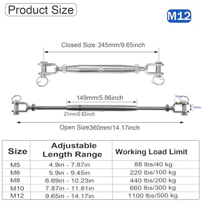 4 PCS M12 Jaw and Jaw Turnbuckles for Cables Wire Rope Tension | Made of 304 Stainless Steel, Corrosion Resistant , Easy to Use,1100lbs Rated,Industrial Shade Sail Rigging - size: 4PCS-M12-UU