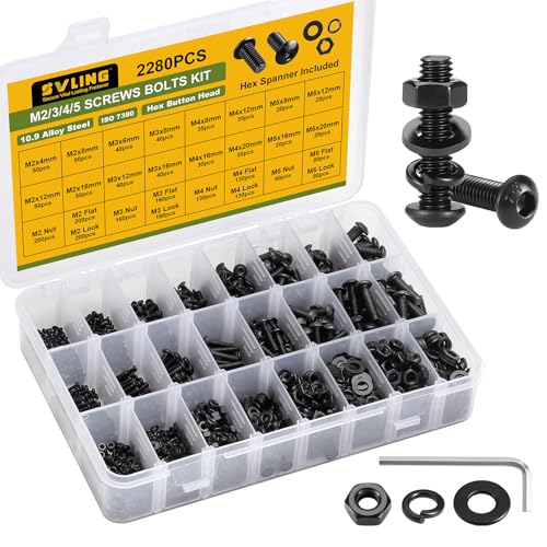 2280PCS M2 M3 M4 M5 Bolt Assortment Kit, Button Head Hex Socket Cap Screws Nuts Bolts Washer Assortment Kit 10.9 Grade Alloy Steel Black Oxide - size: M2/3/4/5 2280PCS Button Black