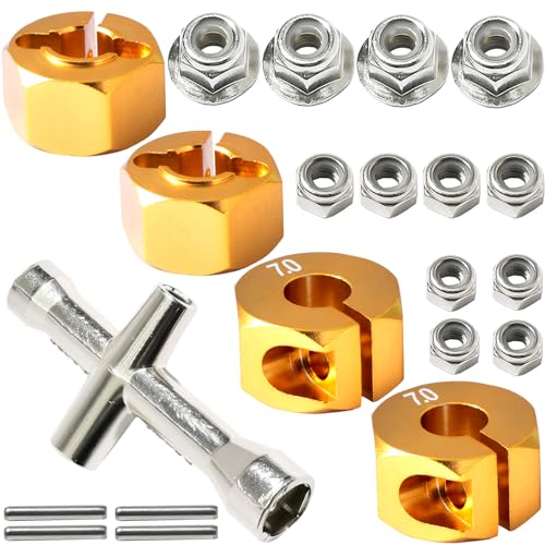 Aluminum 12mm Hex Wheel Hub 4Pcs w/Axle Pin M4 Flange Lock Nut Standard M3 M4 Nut 7mm Thickness Wheel Drive Adapter for 1/10 Traxxas HSP Redcat Rc4wd Tamiya Axial SCX10 WLtoy RC Car(25Pcs) - color: Gold, size: 7.0