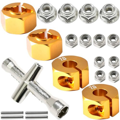 Aluminum 12mm Hex Wheel Hub 4Pcs w/Axle Pin M4 Flange Lock Nut Standard M3 M4 Nut 7mm Thickness Wheel Drive Adapter for 1/10 Traxxas HSP Redcat Rc4wd Tamiya Axial SCX10 WLtoy RC Car(25Pcs) - color: Gold, size: 7.0