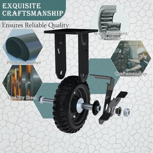8 Inch Rigid Heavy Duty Caster Wheel with Brake, Set of 2 | All-Terrain, Alloy Bracket, 1100 Lbs Capacity, Solid Rubber Tires, Flat Free, for Carts, Workbench, Warehouse, DIY Tools - size: 8 Inch