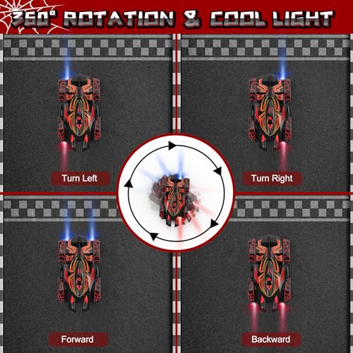 Wall Climbing Remote Control Car with Headlight | 360° Rotating RC Stunt Car, Rechargeable RC Cars Toys for 3 4 5 6 7 8-12 Year Old Boys Girls Kids - color: Black&red