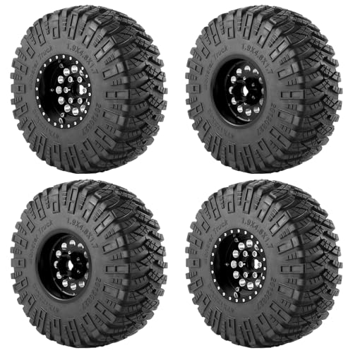 4PCS/Set 1.9" Aluminium Beadlock Wheel Tire Set with Foam Insert for 1/10th AXIAL SCX10 TRX4 Gen8 SCX10-II AXI90046,SCX10-III,D90 RC Crawler Truck Car Upgrade (Black) - color: Black