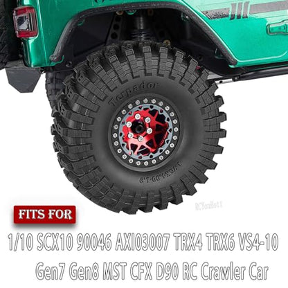 RC 1.9" Beadlock Wheel Tires Set 1.9 Beadlock Wheels and Tires for 1/10 SCX10 90046 AXI03007 TRX4 TRX6 VS4-10 Gen7 Gen8 MST CFX D90 RC Crawler Car,Aluminium 1.9 Rims w/Wheels Ring,Red - color: Red- (Wheel Tires)