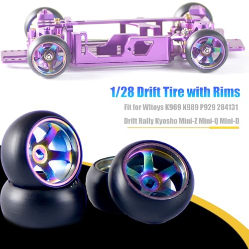 4Pcs Rim Wheel Drift Tire for 1/28 Wltoys K969 K989 P929 284131 Drift Rally Kyosho Mini-Z Mini-Q Mini-D, Metal Drift Rims Replacement Tyre of RC Drift Car for Wltoys 1/28