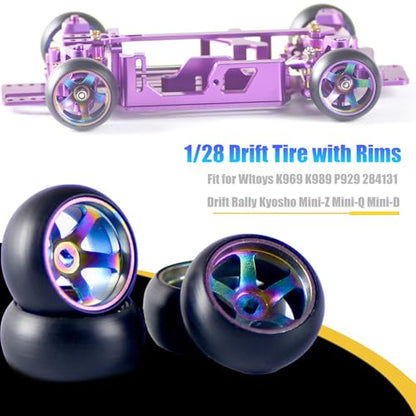 4Pcs Rim Wheel Drift Tire for 1/28 Wltoys K969 K989 P929 284131 Drift Rally Kyosho Mini-Z Mini-Q Mini-D, Metal Drift Rims Replacement Tyre of RC Drift Car for Wltoys 1/28