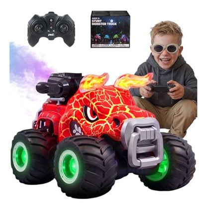 BEZGAR Monster Truck Toys, 1:18 Remote Control Monster Truck with Water Spray & Dancing Spins, 4WD RC Truck for Boys 4-7, RC Cars with 2 Batteries, Toys for 4+ Year Old Boys - color: Red