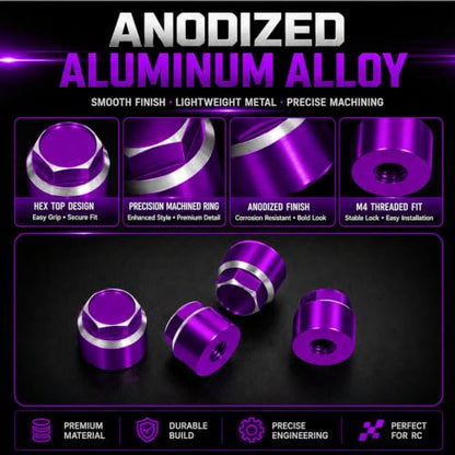 4PCS M4 RC Wheel Nuts, Dustproof Rim Center Cap Hub Nuts for 1/10 TRX4 | Aluminum Wheel Center Cap Nuts with Mini Cross Wrench for TRX4 TRX6 SCX10 SCX10 II D90 Redcat Tamiya HPI 1/10 RC Car, Purple - color: Purple
