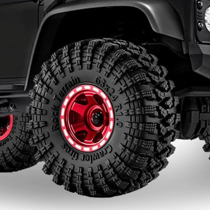 1.0" Beadlock Aluminum Wheels and 63mm Soft Rubber Tires | for SCX24, TRX4M, Ascent 18, FCX24, 1/18 1/24 RC Crawler, 7mm Hex, 0mm Offset, with Foam Inserts, (Red 345) - color: Red 345