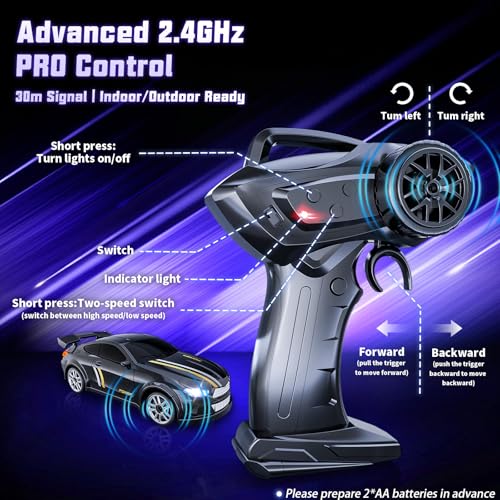 Mini RC Car 1:64 Scale, Remote Control Desktop Car for Adults & Kids | 2.4GHz RC Drift Car with LED Lights & 2 Speeds, Includes 4 Obstacles & Track Mat, Hobby Gift for Boys, Black - color: Black