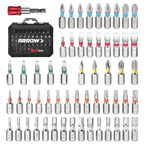 ARROW 59-Piece 1/4" Screwdriver Bit Set, S2 Steel Color-Coded Bits | Magnetic Bit Holder & Storage Case, Compatible with Power Drill, Screwdriver, and Mini Ratchet Wrench - style: 59 PCS Screwdriver Bit Set