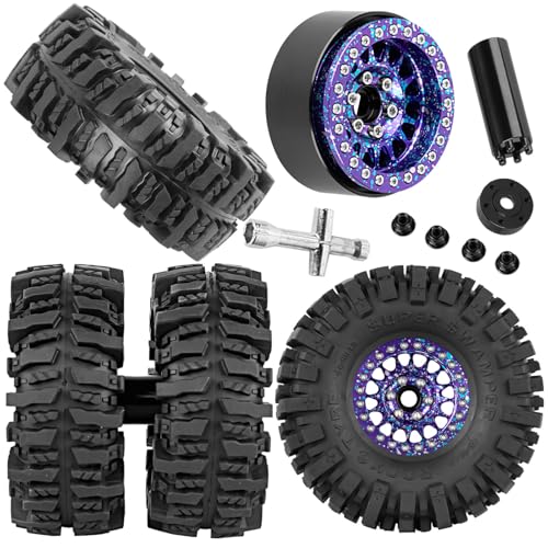 Aluminium RC 1.9" Beadlock Wheels Tires for 1/10 SCX10 90046 AXI03007 TRX4 TRX6 VS4-10 Gen7 Gen8 MST CFX D90 RC Crawler Car,Alloy 1.9 Rims Tires,Purple Colorful - color: Purple Colorful- (Rc 1.9" Tires)