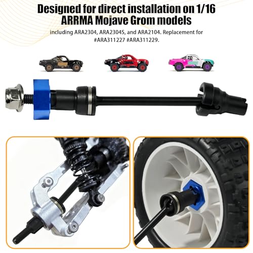 Hardened Steel CVD Drive Shafts Set with Adapters, Nuts, Center Drive Cups, Front Rear Dogbone Driveshaft Axles Upgrades Part for 1/16 Mojave Grom ARA2304, ARA2304S, ARA2104 (Black,Blue) - color: Black-blue