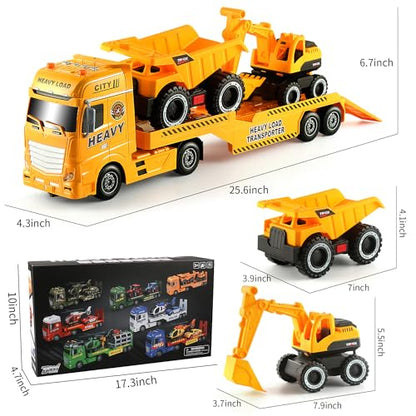 Dwi Dowellin Construction Carrier Truck Kids Toys,25.6" Semi-Trailer Toy with Excavator and Dump Truck,Gifts for Age 3 4 5 6+ Years Old Boys Girls - style: Construction Truck
