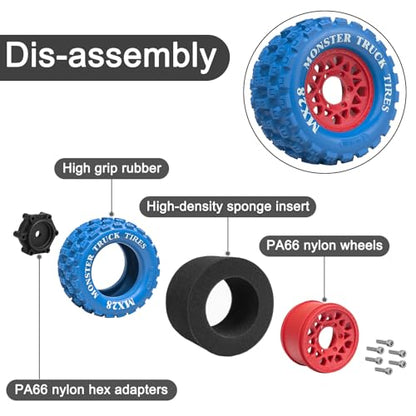 LRFHL MX28 F/R 2.8" RC Monster Truck Tires and Wheels 4PCS, Blue | 12mm/14mm Hex Adapter, 1/10 RC Monster Truck, Compatible with Traxxas Stampede Rustler Redcat Arrma Vorteks Big Rock Granite - color: Blue Tires+ Red Wheel-8