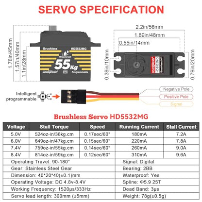 HobbyPark Waterproof 55kg Servos Brushless Motor High Torque RC Steering Servo Fast Speed Standard Size HV Stainless Steel Metal Gears for 1/8 1/10 RC Crawler Car Truck Buggy 180° Programmable