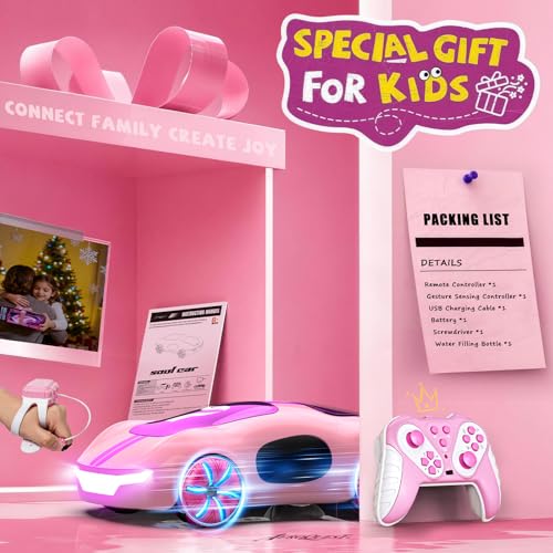 AEROQUEST Pink Hand Controlled RC Cars for Girls | Remote Control Stunt Drift USB-C Charging Light Spray Sound Gesture Sensing Spotrs Birthday Holiday Gifts 2.4GHz 4WD - color: Pink