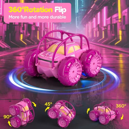 Remote Control Car, Fast Direct Charging RC Cars Amphibious 360° Rotating LED Rechargeable Stunt Car 2.4Ghz 4WD All Terrain RC Race Cars Toy Christmas Birthday Gift for Kids Boys Girls Aged 3-12 years - color: Pink