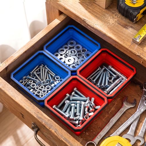 Huwena 8 Pcs Collapsible Magnetic Parts Tray Set Foldable Tool Trays Square Double-sided Magnetic Parts Bowl for Screw Bolts Nuts Washers Pins Mechanic Tool Gifts for Men (Red and Blue) - color: Red and Blue