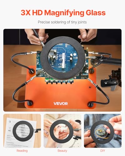 VEVOR Magnetic Helping Hands Soldering Station, 4 Flexible Arms Third Hand Tool with 3X LED Magnifying Lamp & Non-Slip Heavy-Duty Base, Soldering Helping Hands for Electronic Repair Craft Hobby DIY - style: 11*7in Large Base with Magnifying Light