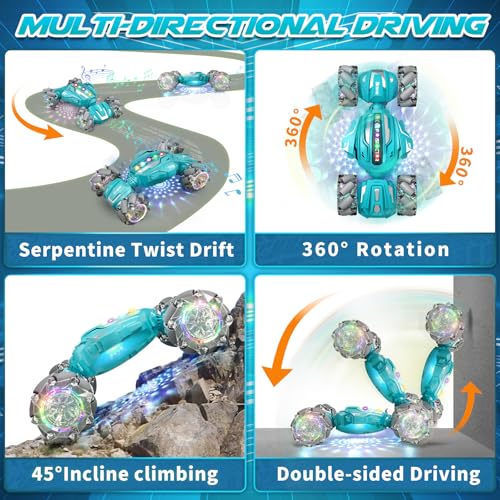 Gesture Sensing RC Stunt Car, Boys Toys Age 6-12, 4WD Hand Controlled Remote Control Car with Light & Music, 360°Rotation Christmas Birthday Gift for Boys Girls Age 6 7 8 9 10 11+(Lagon Blue) - color: Silver