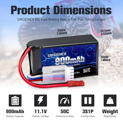 11.1V 900mAh Lipo Battery 3S 50C High Discharge Rate RC Battery Pack with JST Plug Rechargeable Lipos for RC Airplane Racing Drone Helicopter Quadcopter Micro FPV RC Car Truck Boat