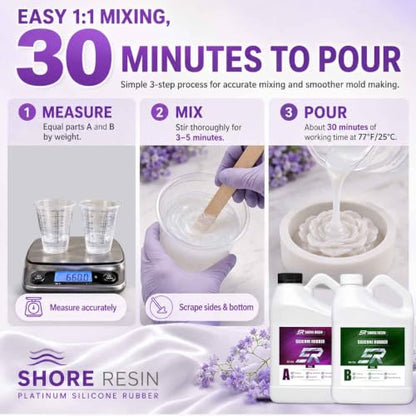 Silicone Mold Making Kit 130 oz, 15A Platinum Silicone Rubber | 1:1 platinum silicone with 30-minute work time, self-degassing flow and 4-hour initial cure for detailed DIY molds. - size: 130 OZ