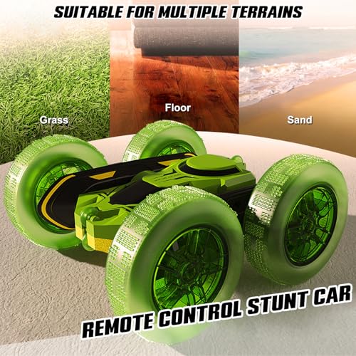 Remote Control Car, RC Stunt Car, 2.4GHz 4WD RC Cars with LED Lights, Double-Sided Driving, 360° Flips Rotating, 2 Rechargeable Batteries (Green) - color: Green, size: 2 Batteries