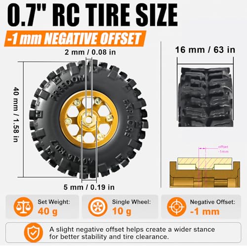 0.7” FS6 Super Soft Rubber Tires & CNC -1mm Offset Aluminum Beadlock Rims, 40×16mm Micro Crawler Wheels Tires Set for Axial SCX30 Redcat Ascent-32 1/30–1/32 RC Crawler, 4PCS Gold - color: Gold