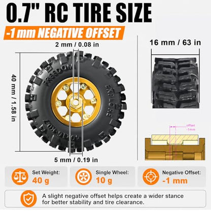 0.7” FS6 Super Soft Rubber Tires & CNC -1mm Offset Aluminum Beadlock Rims, 40×16mm Micro Crawler Wheels Tires Set for Axial SCX30 Redcat Ascent-32 1/30–1/32 RC Crawler, 4PCS Gold - color: Gold