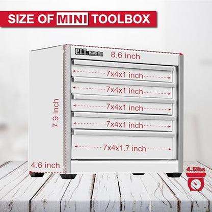 P.I.T. Mini Tool Box,Small Metal Toolbox Organizer with 5 Drawers,White | 8.6"W X 4.6"D Cute Size,Q235 Steel,Magnetic Locking Mechanism,PVC Drawer Liners - color: White, size: 5-Drawer