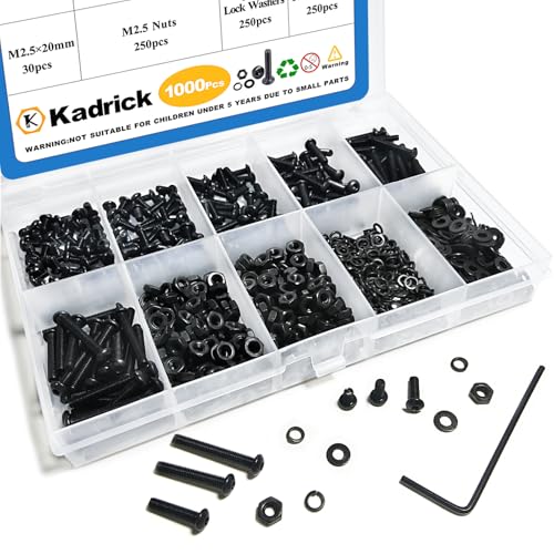 KADRICK 1000PCS M2.5 Screw Kit,Hex Socket Button Head Screw,Length 4MM-20MM | M2.5 Machine Screws with Nuts Flat & Lock Washers, Class 10.9 Alloy Steel,Suit for 3D Printing - size: M2.5 1000Pcs 4-20mm