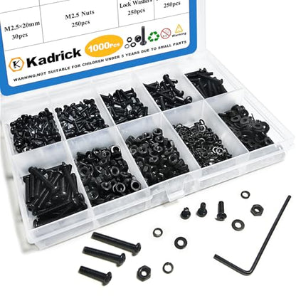 KADRICK 1000PCS M2.5 Screw Kit,Hex Socket Button Head Screw,Length 4MM-20MM | M2.5 Machine Screws with Nuts Flat & Lock Washers, Class 10.9 Alloy Steel,Suit for 3D Printing - size: M2.5 1000Pcs 4-20mm