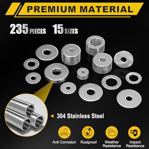 235Pcs Fender Washers, 304 Stainless Steel Flat Washers Assortment Kit, 15 Different Sizes M3 M4 M5 M6 M8 M10 M12 Metal Washers for Screws Bolts Hardware for Various Home Industrial Automotive - size: 15 Sizes 235 Pieces