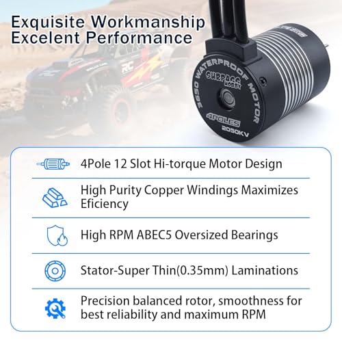 SurpassHobby 3650 Brushless Motor 2050KV 3.175mm Shaft Waterproof Motor for Most of 1/10 Scale RC Truck On Road Off Road Car - size: 2050kv, style: 3650 Brushless Motor