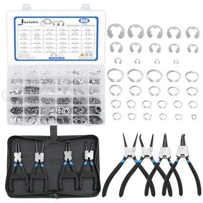 850Pcs C-clip External Retaining Rings Snap Rings Assortment Kit Circlip 304 Stainless Steel(M4-M28) + E-clip Retaining Rings Assortment Set(1.5mm-15mm) + 4-Piece 5-inch Snap Ring Pliers Set