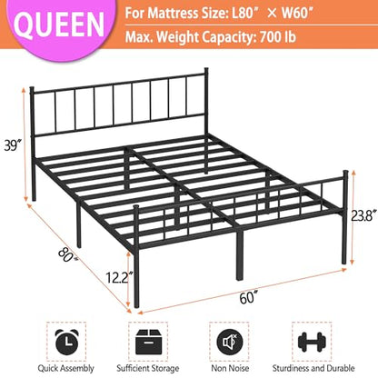 DIIYIV Queen Metal Bed Frame,Steel Slat Support,Noise Free,Easy Assembly | Queen Size Bed,Mattress Foundation,Underbed Storage,No Box Spring Needed - size: Queen