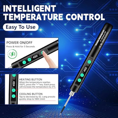 Portable Wireless Soldering Kit—Features a 1100mAh rechargeable USB-C soldering pen LCD screen for adjustable temperature settings. home appliance repairs and DIY projects. 8-second rapid heat-up.