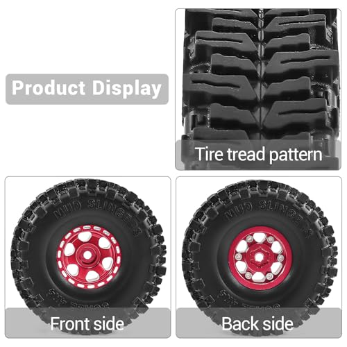 1.0" Beadlock Aluminum Wheels and 64mm Soft Rubber Tires | for SCX24, TRX4M, Ascent 18, FCX24, 1/18 1/24 RC Crawler, 7mm Hex, 0mm Offset, with Foam Inserts, (Red) - color: Red