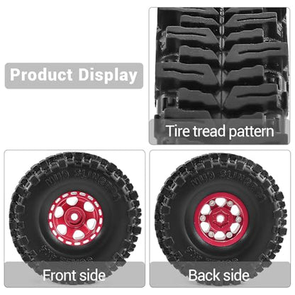 1.0" Beadlock Aluminum Wheels and 64mm Soft Rubber Tires | for SCX24, TRX4M, Ascent 18, FCX24, 1/18 1/24 RC Crawler, 7mm Hex, 0mm Offset, with Foam Inserts, (Red) - color: Red