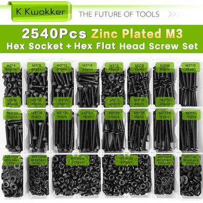 2540Pcs M3 Screw Kit 4MM to 35MM, M3 Socket Head Screws & Flat Head Screws, Upgraded Zinc Plated Assorted Nuts and Bolts Assortment Kit Black M3 Screws with Nuts, Washer and Lock Washers - size: K. M3