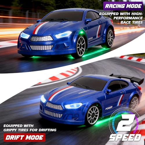 Mini RC Drift Car 1/64, Micro Remote Control Car with Led Lighting | 2.4ghz stunt pocket desktop drift cars with 4 obstacles & joystick control, adjustable dual speed modes - color: 1 Pc Blue