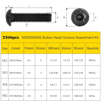 2200PCS M2 M3 M4 M5 Metric Screws Assortment Kit, Hex Socket Button Head Assorted kit, Machine Screw Set with Nuts & Washers,10.9 Alloy Steel Black Zinc Plated for 3D Printing - size: M2M3M4M5 2200pcs