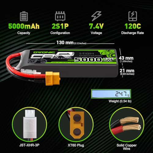 OVONIC 2S Lipo Battery TRA Plug RC Car Battery 7.4V 120C Lipo for RC Car Trucks 1/8 1/10 RC Vehicles(2 Packs)