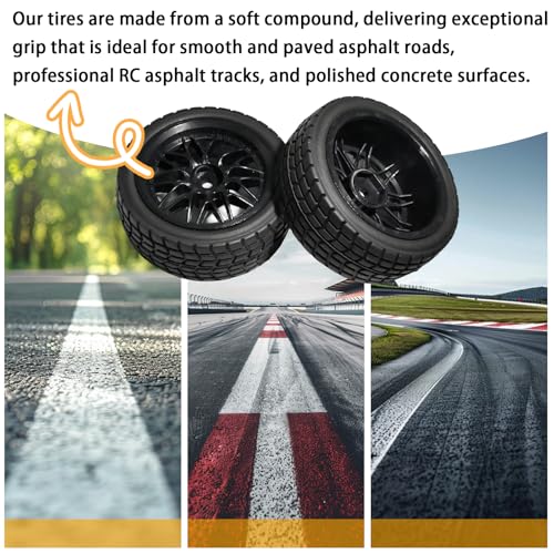 OD 2.65" On Road Rubber Tires Nylon Wheels- 12mm Hex for 1/10 RC Racing Car | Compatible with MJX HSP Tamiya HPI Kyosho Traxxas Sakura Redcat WLtoys 1/10 RC On-Road Racing Touring Car (4pcs, Black) - style: C-Black