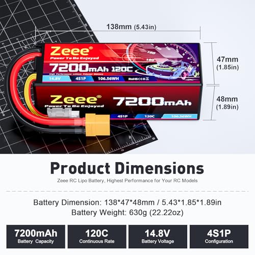 Zeee 4S Lipo Battery 7200mAh 14.8V 120C Hard Case RC Battery with XT90 Connector for 1/8 Buggy RC Car Truck Tank RC Truggy Racing Models(2 Pack)
